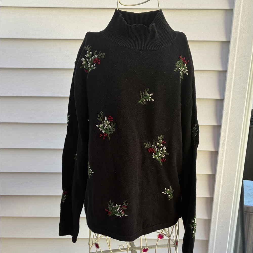 Talbots Black Floral Embroidered Turtleneck Sweater
